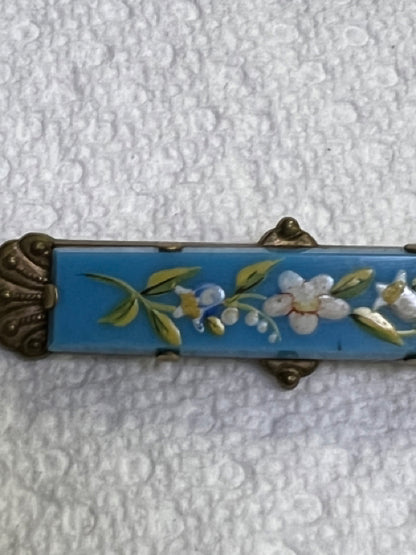 Victorian Gold Filled Painted Flowers Turquoise 2.25" x .60" Brooch Pin