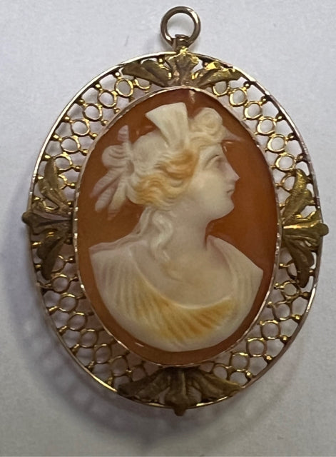 10k Yellow Gold Cameo Brooch Pin Pendant Marked 10k Filigree 1.40" x 1.15"