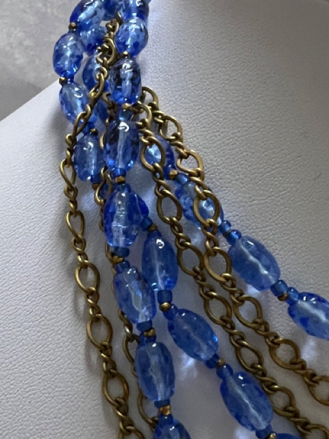 Miriam Haskell Signed Blue Multi Strand Choker Necklace Mid Century 14"-18" Long