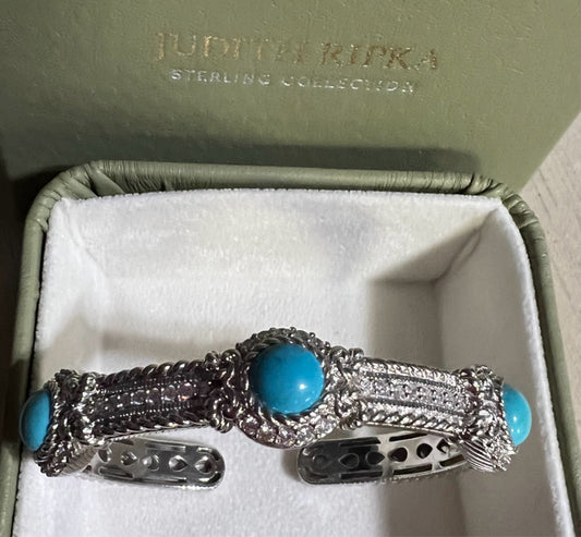 Judith Ripka Sterling Silver Turquoise &Diamonique Hinged Cuff Bracelet