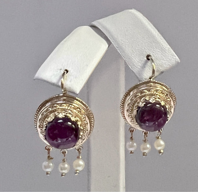 14k Yellow Gold Cabochon Rhodolite Garnet & Pearl Earrings Vintage