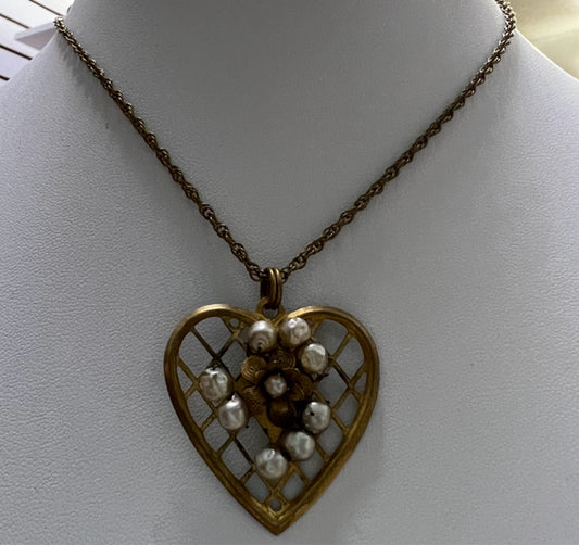 Miriam Haskell 16" Heart Necklace w/ Pearls AS IS