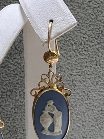 14k Yellow Gold Blue Wedgwood Dangle Drop Earrings