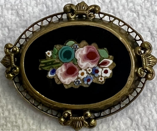 Victorian Gold Filled Pietra Dura Mosaic Floral 1.6" x 1.3"  Brooch