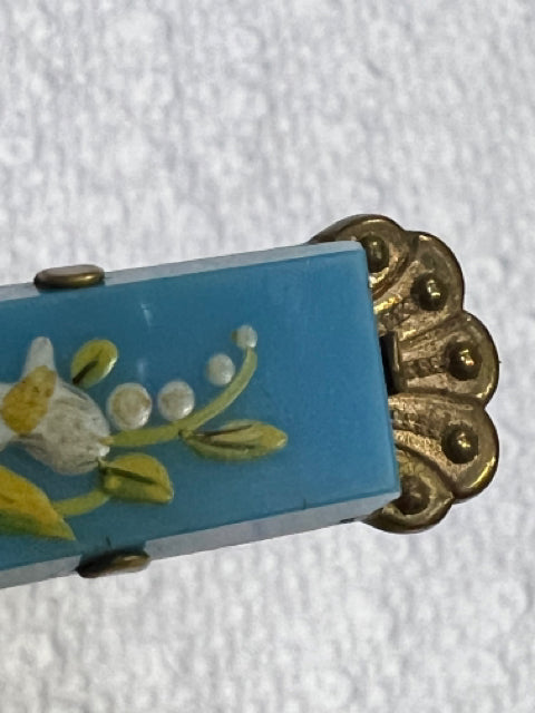 Victorian Gold Filled Painted Flowers Turquoise 2.25" x .60" Brooch Pin