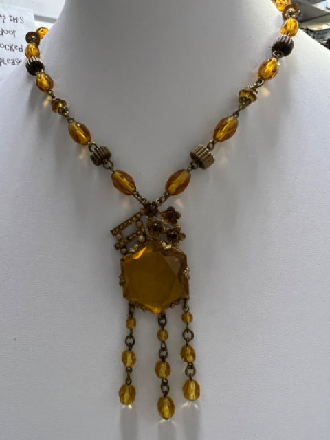 Art Deco Czech Austrian Yellow Faceted Bead Asymmetrical 17" Antique Necklace