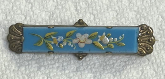 Victorian Gold Filled Painted Flowers Turquoise 2.25" x .60" Brooch Pin