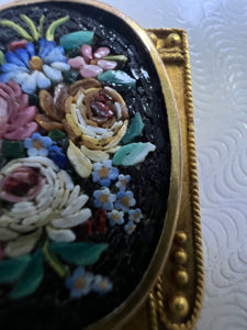 14k Yellow Gold  Mosaic Victorian Era Floral Pendant Pietra Dura 1.3" x .70"