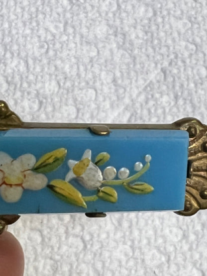 Victorian Gold Filled Painted Flowers Turquoise 2.25" x .60" Brooch Pin