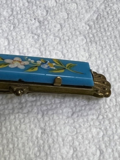 Victorian Gold Filled Painted Flowers Turquoise 2.25" x .60" Brooch Pin