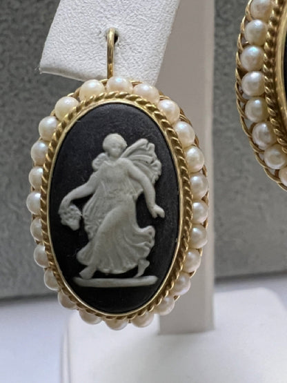 14k Yellow Gold Black Angel Wedgwood Pearl Earrings 8.8 Grams 1.07" x .77"