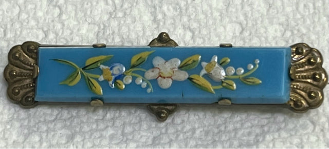 Victorian Gold Filled Painted Flowers Turquoise 2.25" x .60" Brooch Pin