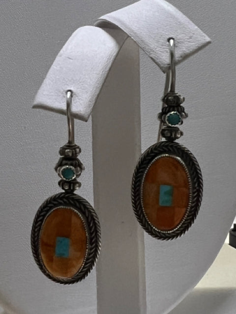 Sterling Silver Inlaid Spiny Oyster Quartz & Turquoise Dangle Earrings