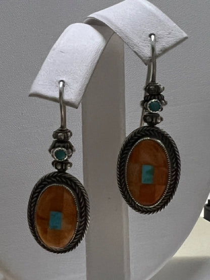 Sterling Silver Inlaid Spiny Oyster Quartz & Turquoise Dangle Earrings