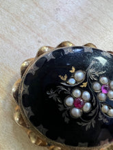 Load image into Gallery viewer, Solid 10k Yellow Gold Black Victorian Brooch Pearl Ruby Floral C Clasp 10.6g