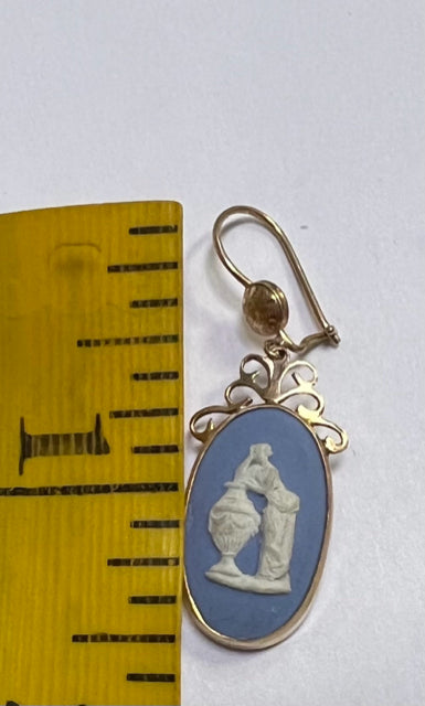 14k Yellow Gold Blue Wedgwood Dangle Drop Earrings