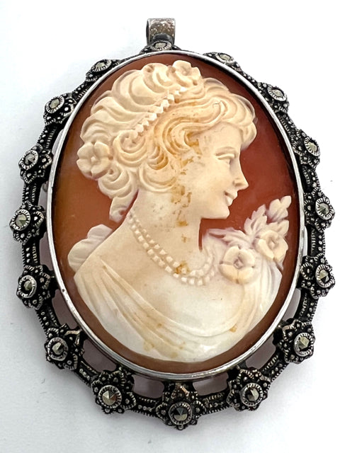 Di Luca Brothers Sterling Shell Cameo w/ Marcasites 2.25 Di Luca Brothers Sterling Shell Cameo w/ Marcasites 2.25