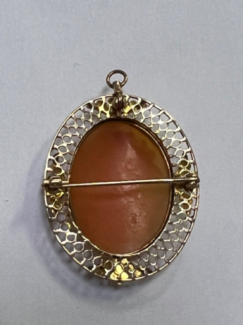 10k Yellow Gold Cameo Brooch Pin Pendant Marked 10k Filigree 1.40" x 1.15"