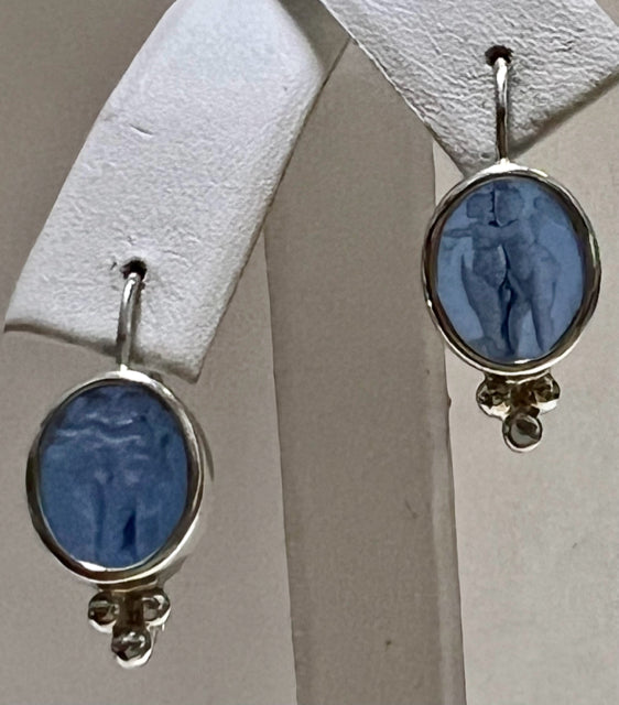 14kw Intaglio Blue Earrings Italy .95"x .42" Dangle Drop 3.7 Grams