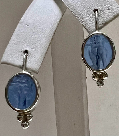 14kw Intaglio Blue Earrings Italy .95"x .42" Dangle Drop 3.7 Grams