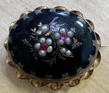 Load image into Gallery viewer, Solid 10k Yellow Gold Black Victorian Brooch Pearl Ruby Floral C Clasp 10.6g