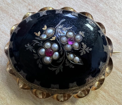 Solid 10k Yellow Gold Black Victorian Brooch Pearl Ruby Floral C Clasp 10.6g