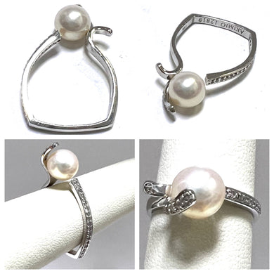 Akimio 14k White Gold 7.7mm  Pearl & Diamond Contemporary Ring 2.8g