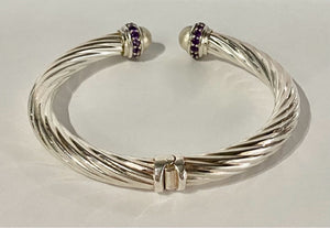 925 Sterling Silver Amethyst Cable Cuff Hinged 8" Bracelet