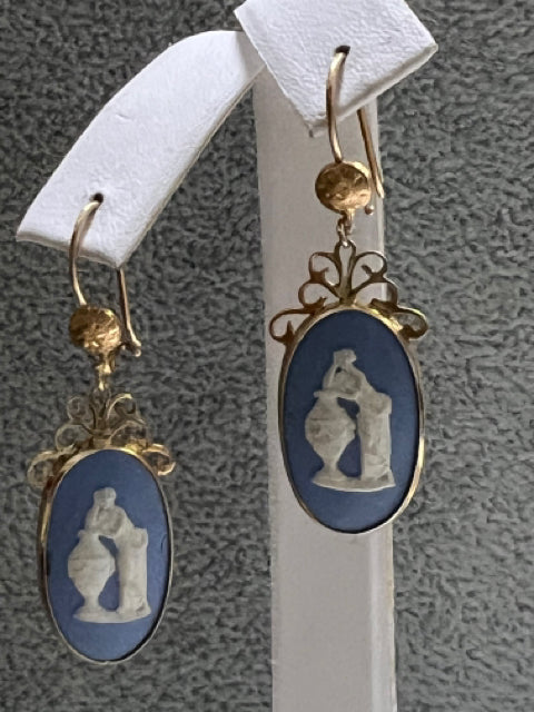 14k Yellow Gold Blue Wedgwood Dangle Drop Earrings