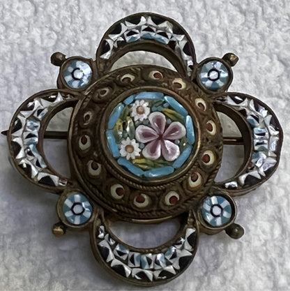 Victorian Gold Filled Pietra Dura Mosaic Floral 1.1"  Italian Brooch