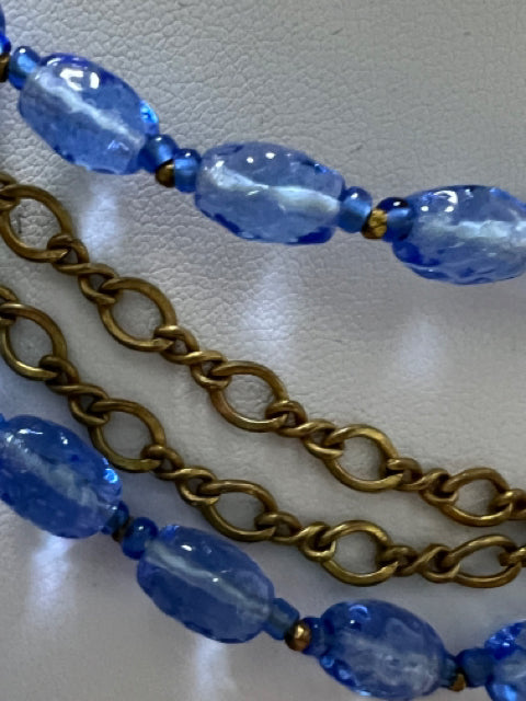 Miriam Haskell Signed Blue Multi Strand Choker Necklace Mid Century 14"-18" Long