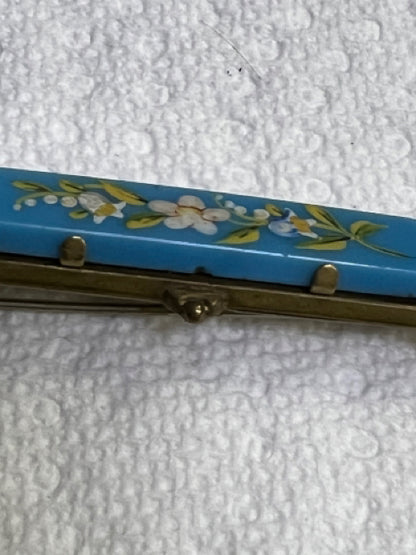 Victorian Gold Filled Painted Flowers Turquoise 2.25" x .60" Brooch Pin