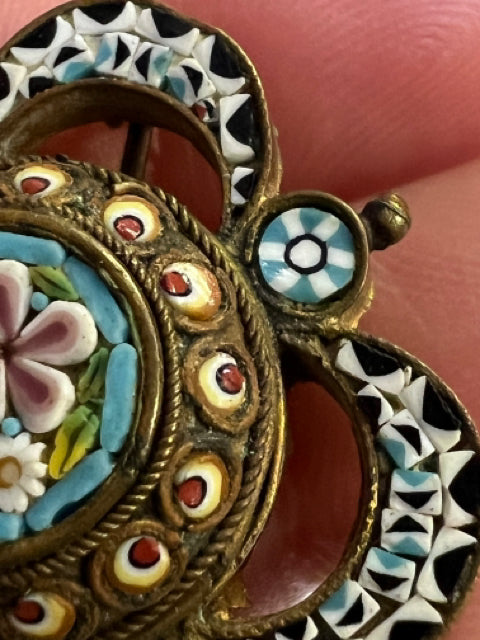 Victorian Gold Filled Pietra Dura Mosaic Floral 1.1"  Italian Brooch