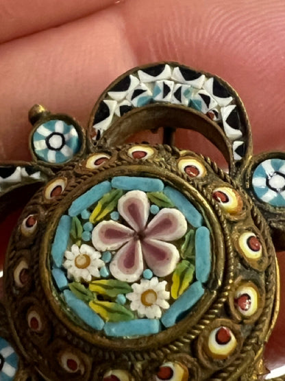 Victorian Gold Filled Pietra Dura Mosaic Floral 1.1"  Italian Brooch