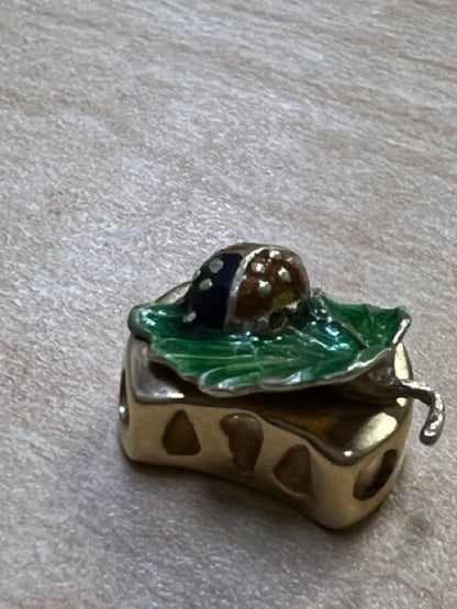 14k Gold Slide Charm Michael Anthony MA Ladybug On Leaf Green Enamel 2.8 Grams