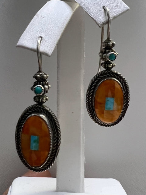 Sterling Silver Inlaid Spiny Oyster Quartz & Turquoise Dangle Earrings