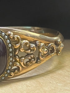 Antique Gold Filled Art Noveau Bangle Bracelet Garnet Seed Pearls c1911 D & C