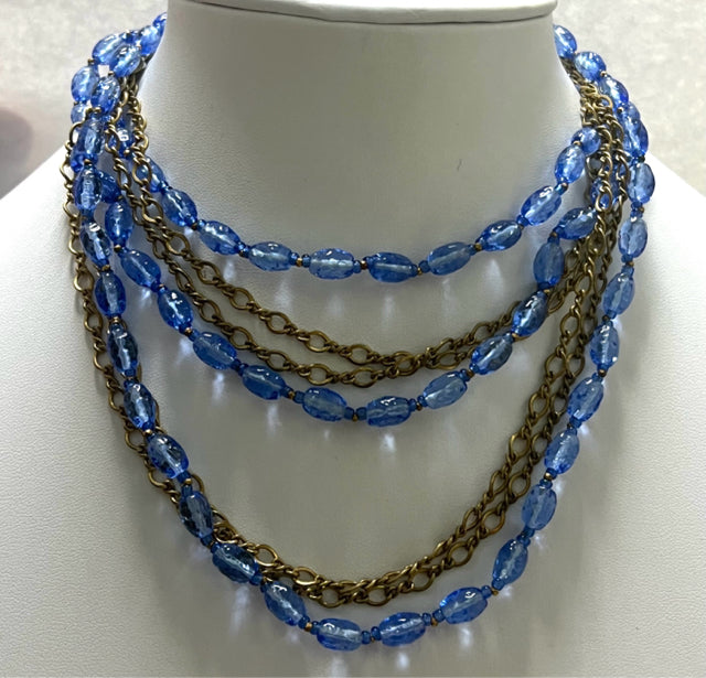 Miriam Haskell Signed Blue Multi Strand Choker Necklace Mid Century 14"-18" Long