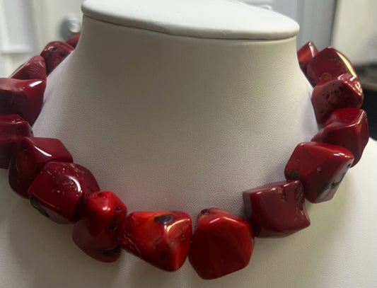 18" Dyed Bamboo Red Coral Large Beads Bold Necklace Chunky