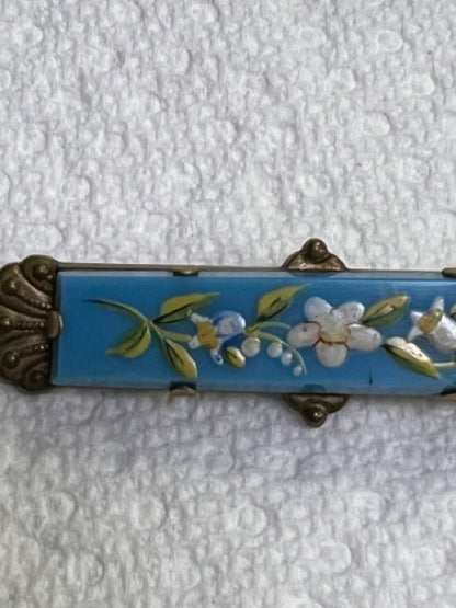 Victorian Gold Filled Painted Flowers Turquoise 2.25" x .60" Brooch Pin