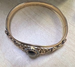 Antique Gold Filled Art Noveau Bangle Bracelet Garnet Seed Pearls c1911 D & C